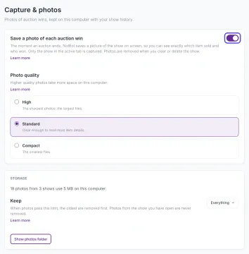 The Capture & photos page with Save a photo of each auction win switched on, the Photo quality choices, and the Storage card.