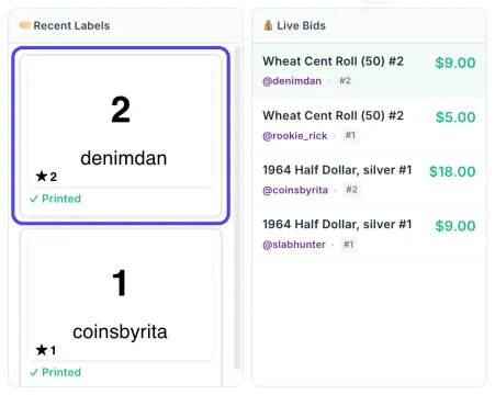 Recent Labels next to Live Bids in the NotBot panel, with the newest label, buyer 2 denimdan, circled.