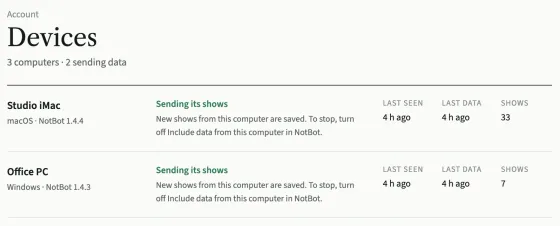 The top of the Devices page: the count of computers and how many are sending data, then two computers, each with its name, system and NotBot version, Sending its shows, and when it was last seen, when it last sent data and how many shows it sent.