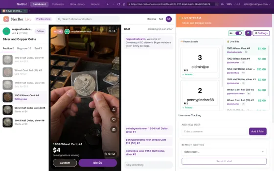The NotBot window during a show: the top bar, the show in the built-in browser on the left, and the live panel on the right with Recent Labels and Live Bids.