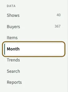 The DATA list in the app's sidebar: Shows and Buyers with their counts, Items, Month (circled, the page that is open), Trends, Search and Reports.