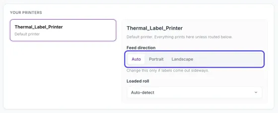 Your printers on the Printers & routing page, with a printer selected and its Feed direction choices circled, set to Auto.