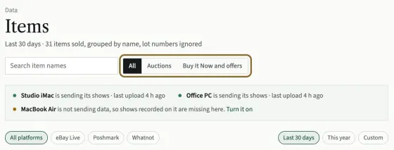 The top of the Items page: the item search box, the All, Auctions and Buy It Now and offers switch (circled), the computers box, the platform chips and the period chips.