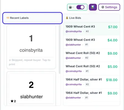 The NotBot panel on the right with the Recent Labels box circled. The newest card, for buyer coinsbyrita, is faded and says Skipped, repeat buyer. Tap to print. Live Bids is beside it.