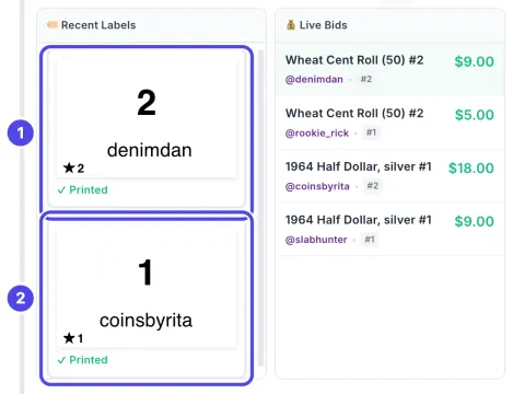 Recent Labels next to Live Bids. The top label, number 2 for denimdan, is marked 1, and the label below it, number 1 for coinsbyrita, is marked 2.