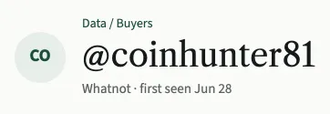 The top of a buyer's page: their initials, the Data / Buyers link, their username, and the line with their platform and the day they were first seen.