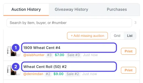 Auction History in the NotBot panel with three sales. The item named 1909 Wheat Cent #4 is marked 1 and Wheat Cent Roll (50) #2 below it is marked 2, showing that item #3 is missing.