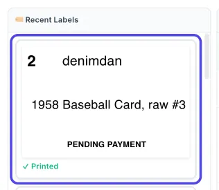 A label in the Recent Labels list of the NotBot panel for denimdan, with the item name and PENDING PAYMENT at the bottom. The label is circled.