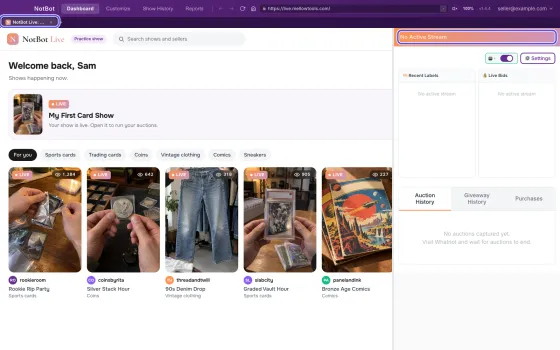 The whole NotBot window. The built-in browser on the left shows the practice show site, and its tab at the top left is circled. The NotBot panel on the right says No Active Stream, also circled.