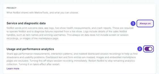 The Privacy card on the Updates & privacy page, with Service and diagnostic data marked Always on and the Usage and performance analytics switch.