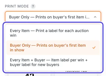 The Settings drawer with the Print Mode box open. The list of the three print modes, Every Item, Buyer Only (checked) and Every Item + Buyer, is circled.