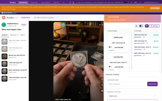 The whole NotBot window during a show, with the orange connection bar circled across the top, directly under the top bar and above the show tab.