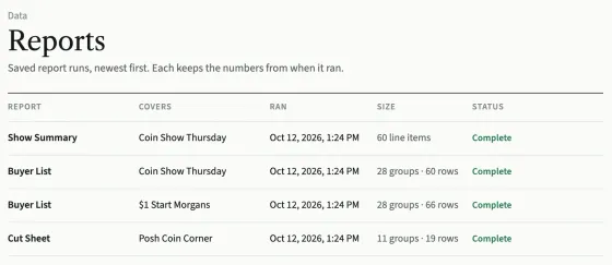 The Reports page: a list of saved runs with the report's name, the show it covers, when it ran, its size and its status.