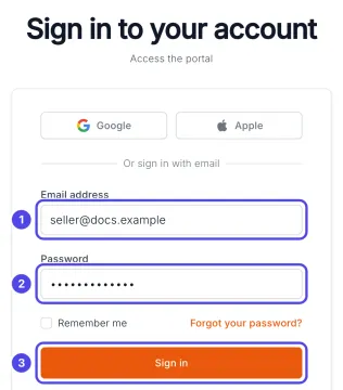 The sign-in page, with the email box numbered 1, the password box numbered 2 and the Sign in button numbered 3.