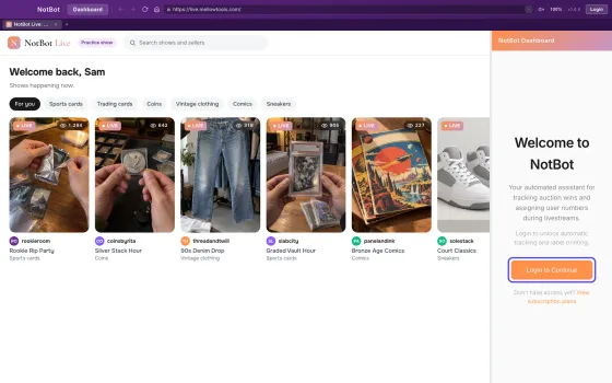 The NotBot window before sign-in, with the practice show site on the left and the Login to Continue button circled in the panel on the right.