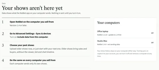Your shows aren't here yet: the four setup steps on the left, and Your computers on the right listing two computers, one that needs to update to 1.4 first and one that is not sending data.