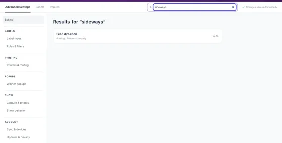 Advanced Settings with the search box at the top, the section list on the left, and search results for a typed word.