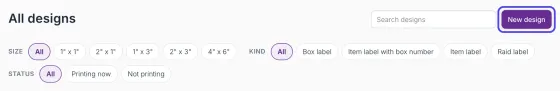 The top of All designs: the Search designs box, the New design button (circled), and the Size, Kind and Status filters.