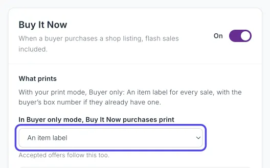 The Buy It Now panel on the Label types page, showing What prints for Buyer only and the In Buyer only mode, Buy It Now purchases print box, set to An item label and circled.