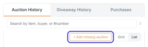 The top of Auction History with the + Add missing auction button circled.