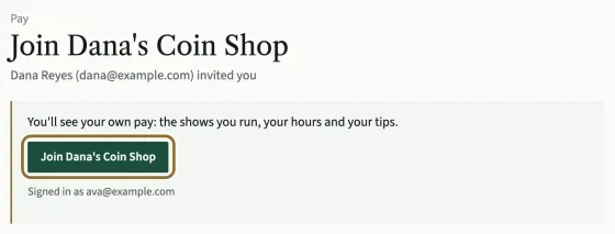 The invite page when signed in, with the Join Dana's Coin Shop button circled and the signed-in email under it.