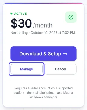 The NotBot plan card on the Subscriptions page, showing Active, $30 a month and the next billing date, with the Manage button circled and the Cancel button next to it.