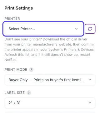 The Print Settings card in the Settings panel, with the Printer box circled. It says Select Printer.
