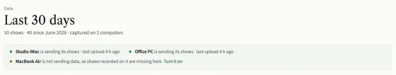 Under the Month title: two computers that are sending their shows with their last upload time, and a third that is not sending data, with its Turn it on link.