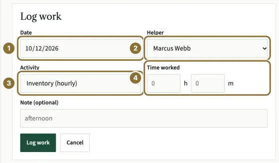 The Log work form with Date (1), Helper set to Marcus Webb (2), Activity (3) and Time worked (4), and the Log work button below.