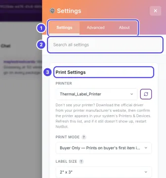 The Settings drawer open on the right of the NotBot window, over the practice show: 1 the Settings, Advanced and About tabs, 2 the Search all settings box, 3 the Print Settings card with Printer, Print Mode and Label Size.