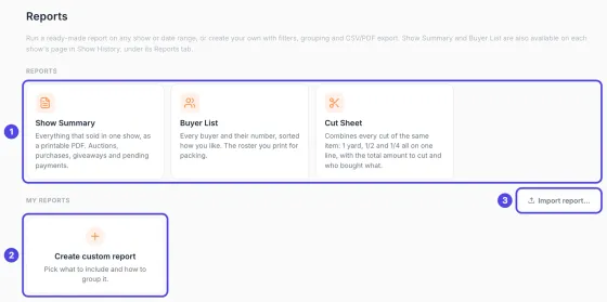 The Reports page. The three ready-made reports, Show Summary, Buyer List and Cut Sheet, are marked 1, the Create custom report box is marked 2 and the Import report button is marked 3.