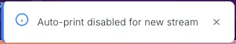 The message Auto-print disabled for new stream in the top right corner of NotBot.
