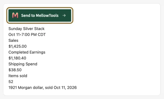 A finished show's details on Whatnot's Shipments page with the Send to MellowTools button at the top, circled.