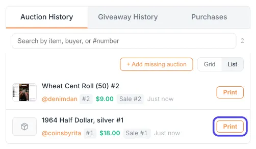 Auction History in the NotBot panel with two sales. The Print button on the sale 1964 Half Dollar, silver #1 is circled.