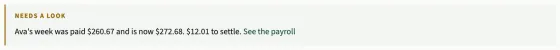 The Needs a look box: what Ava's week was paid, what it is now and the amount to settle, with a See the payroll link.