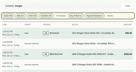 Results for a search, with the event type chips and their counts circled, and the first results: a sale with its box number, buyer, item and price, and under it the start of that auction.