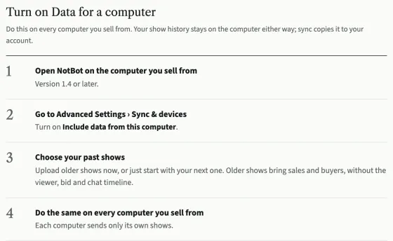 Turn on Data for a computer: four numbered steps, from opening NotBot 1.4 or later to doing the same on every computer you sell from.