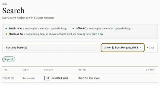 Search inside one show: the Show chip with the show's name and date is circled, Contains holds buyer:12, and the one result is the buyer with box 12.