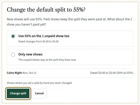 The question Change the default split to 55%?, with the two choices Use 55% on the unpaid shows too (naming how many) and Only new shows, and the Change split button circled.