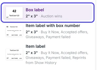 The label list with the Box label row circled.