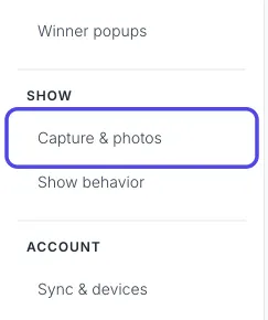 The list of settings pages on the left side of Advanced Settings, with Capture & photos circled.