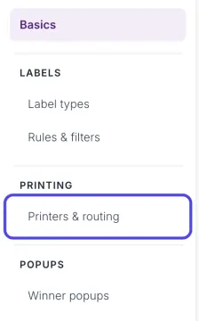 The Advanced Settings page list with Printers & routing, under Printing, circled.