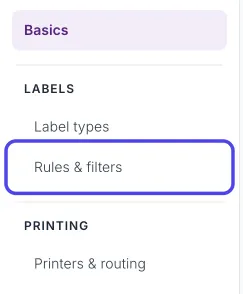 The Advanced Settings page list with Rules & filters, under Labels, circled.