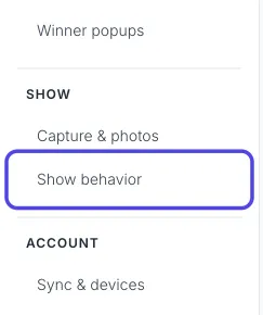 The list of settings pages on the left side of Advanced Settings, with Show behavior circled.