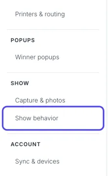 The Advanced Settings list on the left with Show behavior circled.
