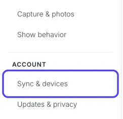 The list of settings pages on the left side of Advanced Settings, with Sync & devices circled.