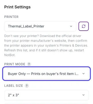 The Print Settings card in the Settings drawer with the Print Mode box, showing Buyer Only, circled.