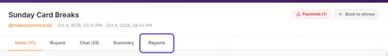 The top of the show's page with its name and dates, and the Reports tab circled at the end of the row of tabs.