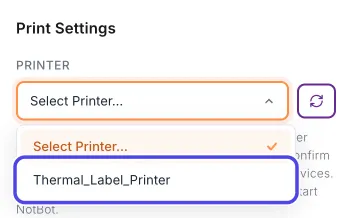 The open Printer list showing Select Printer and Thermal_Label_Printer. Thermal_Label_Printer is circled.