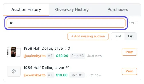 Auction History with #1 typed in the search box, circled, and the list showing only the two wins of coinsbyrita, buyer #1.